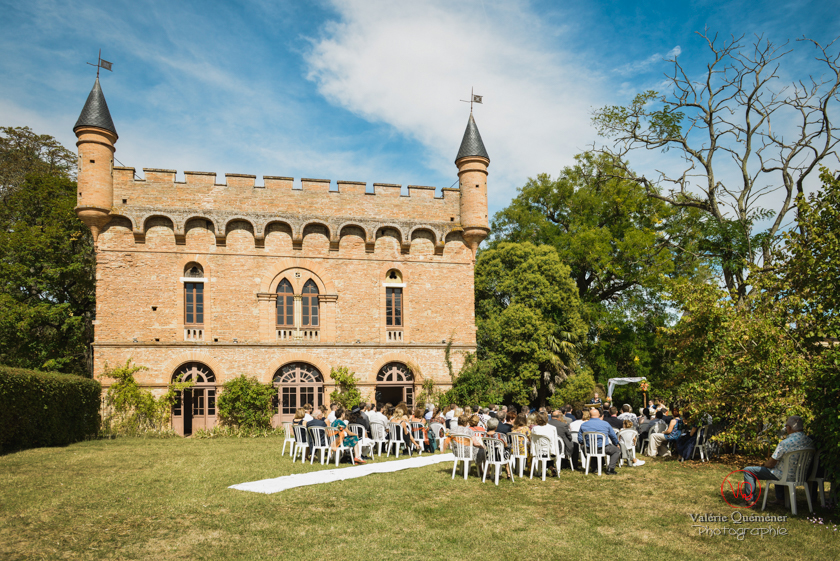 Outdoor wedding ceremony in French courtyard